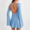 Summer Women Casual Glitter Knitted Open Back Flared Long Sleeve Mini Dress