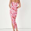 Women Elegant Pink Floral Print Ruched Mesh Bodycon Midi Dress