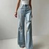 Summer Women Floor-Length High Waist Distressed Ripped Rhinestone Wide Leg Casual Jean pants